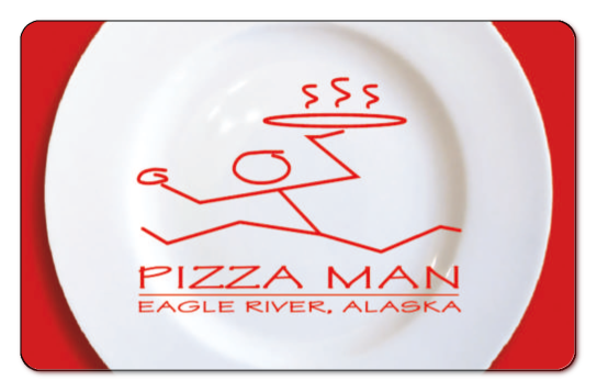 pizza man running logo on a white plate with a red background